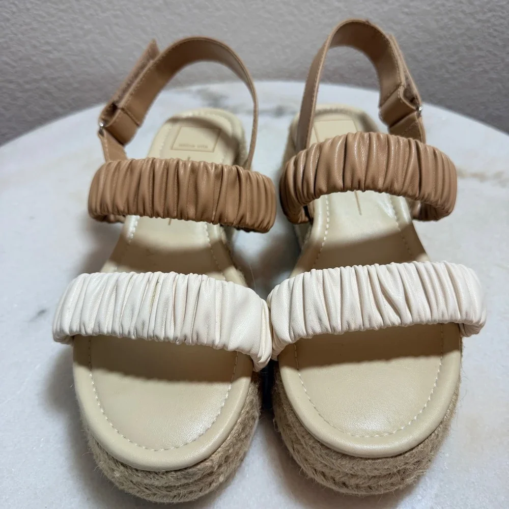 Dolce Vita Mizza Tan Cream Ruched Espadrille Platform Wedge Sandals Womens 9M‎